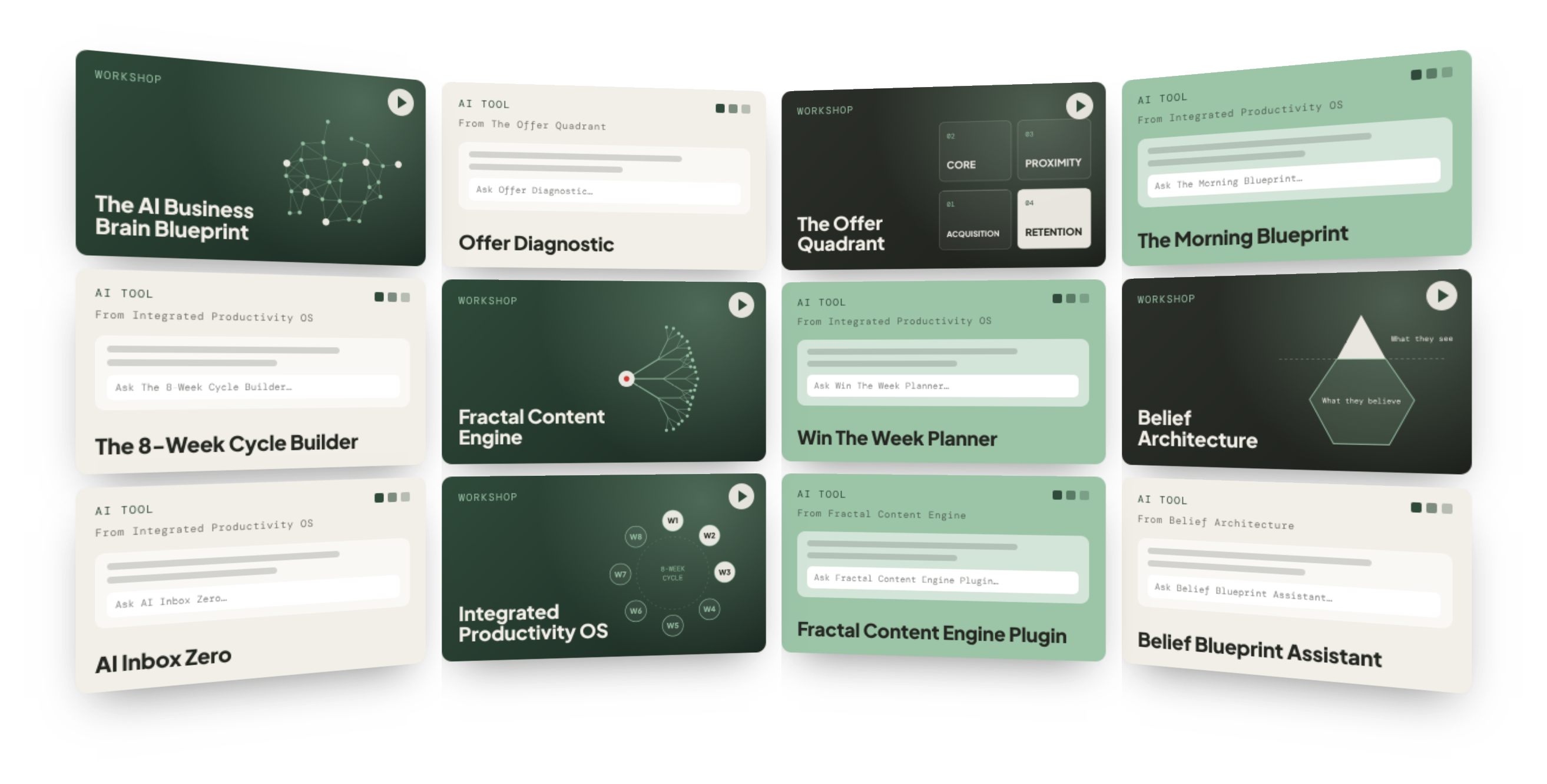 Life Profit Lab library: five workshop replays and seven AI tools, including The AI Business Brain Blueprint, The Offer Quadrant, Fractal Content Engine, Belief Architecture and Integrated Productivity OS.